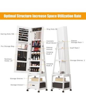 360° Swivel Jewelry Armoire with Storage Shelf and Drawer, 66" Full-Length Mirror Cabinet on Wheels