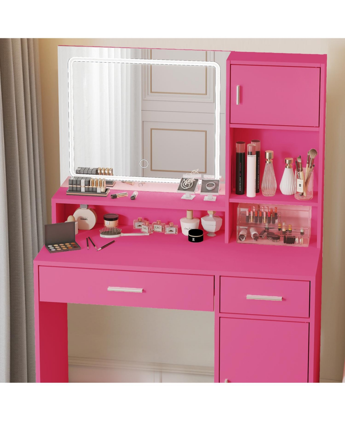 Streamdale Furniture Streamdale Rose Pink Vanity Desk with Mirror, Led Light & Drawer