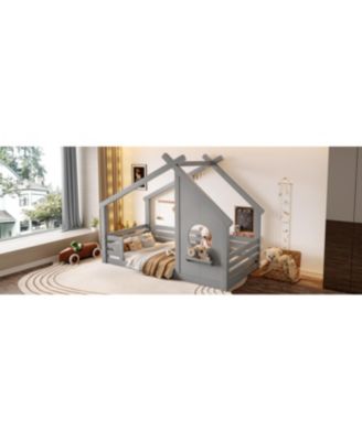 House Floor Bed with Window and Shelf, Solid Wood