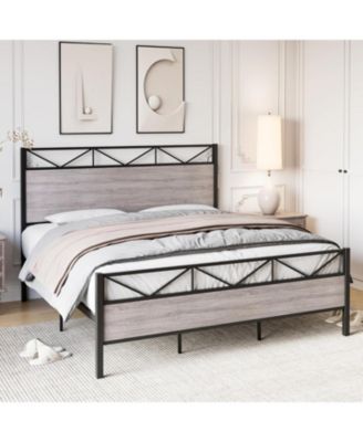 King Size Bed Frame with Rustic Wood Headboard and Footboard, Heavy Duty Metal Platform Bed Frame with Steel Slat Support