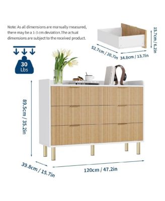 47" Fluted Double Dresser for Bedroom, Curved Wooden Chest with Metal Handles & Wide Storage
