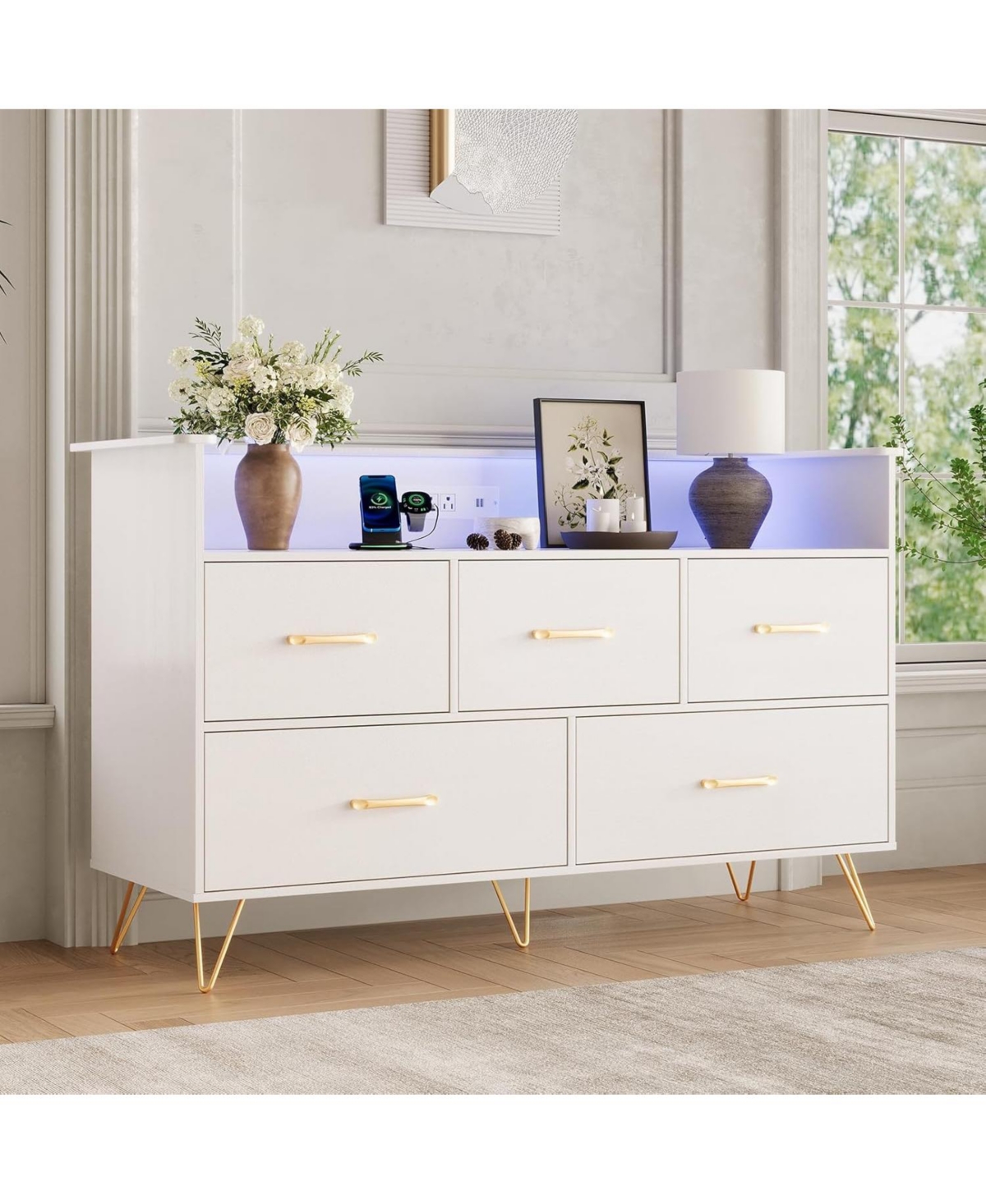 gaomon 5-Drawer Dresser for Bedroom with Led Lights & Charging Station, 47" Wide Wooden Storage Chest