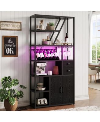 Bar Cabinet with LED Lights, Tall Coffee Bar Station with Power Outlets and Storage Rack