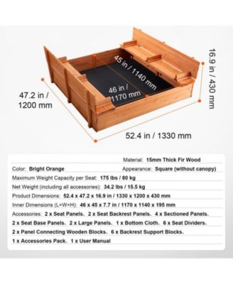 Wooden Sandbox, 52.4 x 47.2 x 16.9 in Sand Box, Sand Pit with Foldable Bench Seats and Bottom Liner