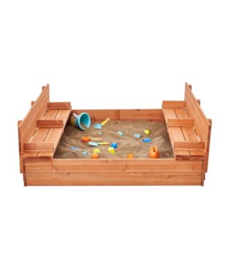 Wooden Sandbox, 52.4 x 47.2 x 16.9 in Sand Box, Sand Pit with Foldable Bench Seats and Bottom Liner