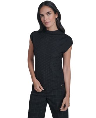 Women's Textured Mock Neck Cap Sleeve Top