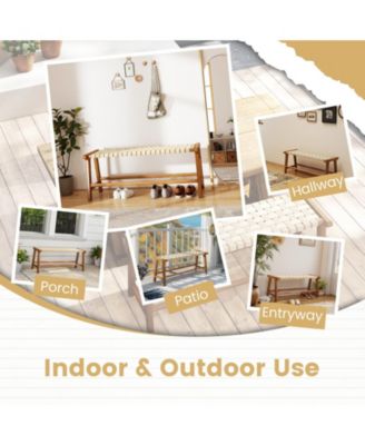 47" Teak Wood Patio Bench with Woven Seat and Solid Legs