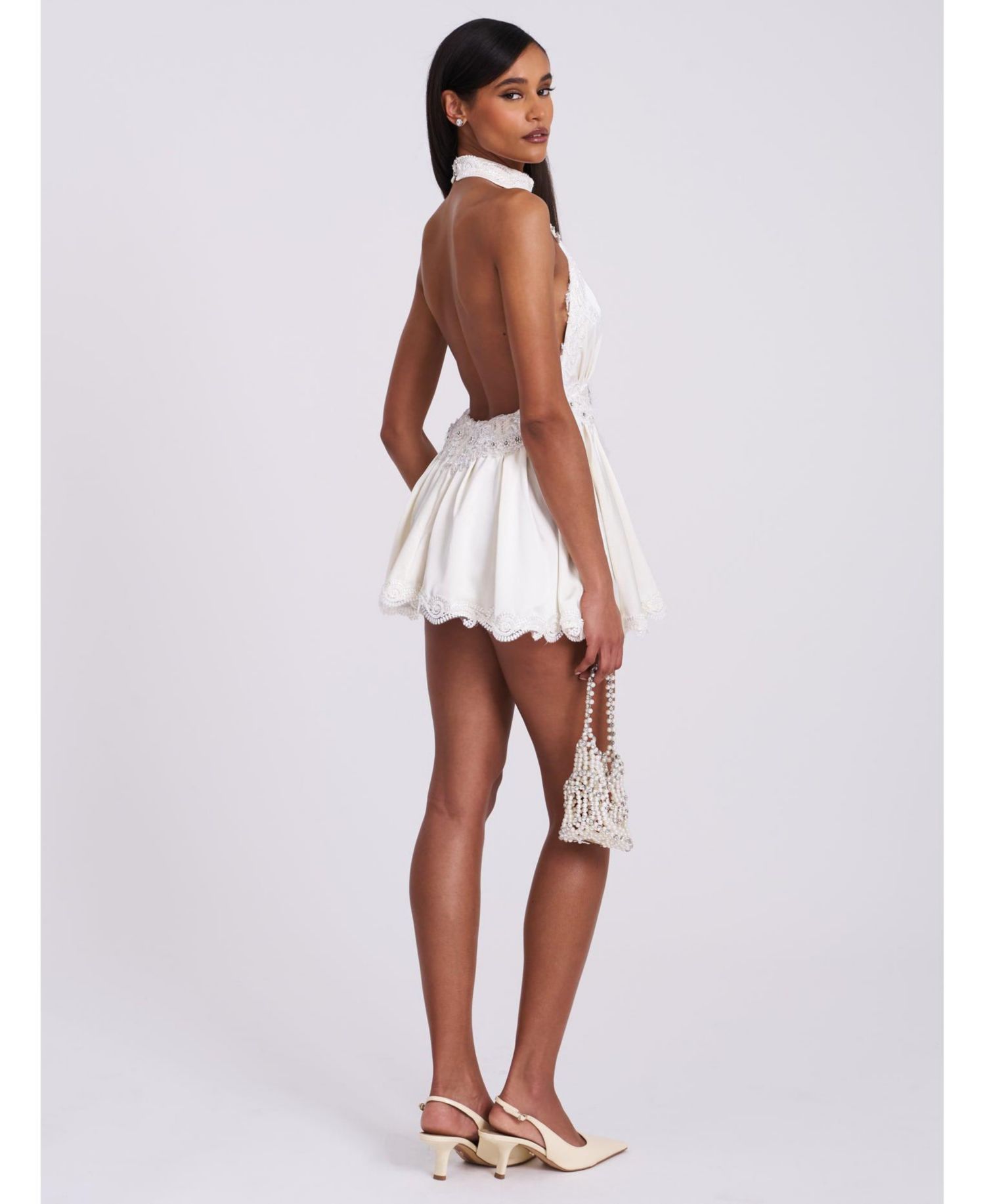 Women's Idalia Beaded Lace Trim Backless Halter Mini Dress