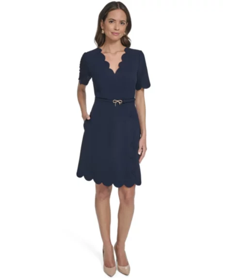 Petite Scalloped Hem Bow Belt V-Neck Short Dress - Navy