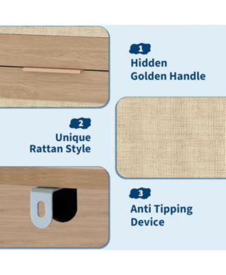 Rattan 5-Drawer Dresser for Bedroom, Boho Wooden Chest of Drawers with Large Storage