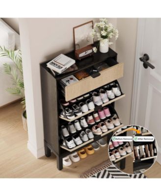 Shoe Storage Cabinet with 2 Flip Drawers,Entrance Wooden Shoe Rack with Iron Legs,Farmhouse Fluted Shoe Organizer for Entryway,Hallway,Foyer,Black+Oak