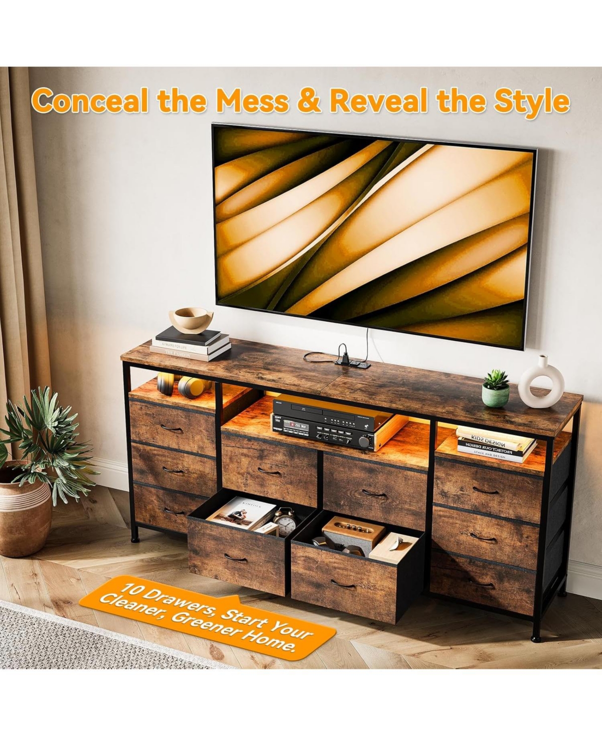 gaomon 63.3" Wide 10-Drawer Dresser Tv Stand for Bedroom and Living Room, Brown