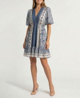 Women's Petite Puff-Sleeve Ruffled-Hem Dress