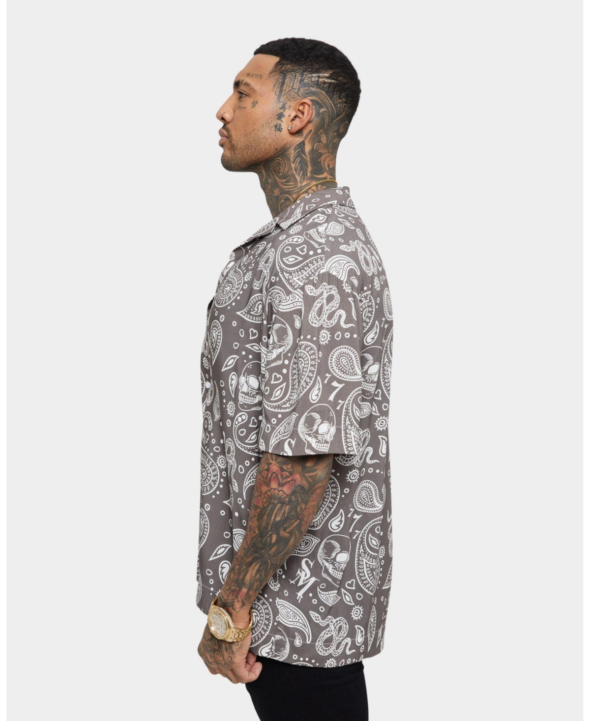 Saint Morta Paisley Skulls Short Sleeve Button Up Shirt