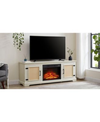 Farmhouse Rattan TV Stand with Electric Fireplace, 65"W