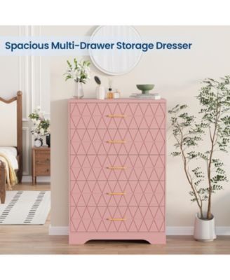 5-Drawer Tall Dresser for Bedroom, Wooden Chest of Drawers with Gold Handles for Closet Storage, Pink