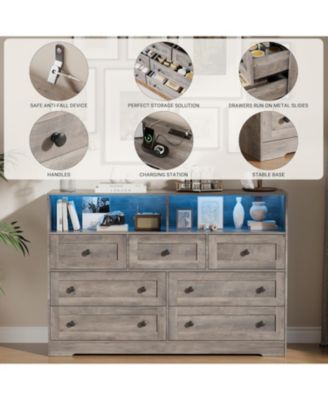7-Drawer Dresser with LED Lights & Charging Station, Wooden Chest with Open Storage for Bedroom, Grey