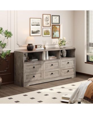6-Drawer Slim Dresser for Bedroom, Wooden Chest with Power Outlets, LED Light & Open Shelf, Grey
