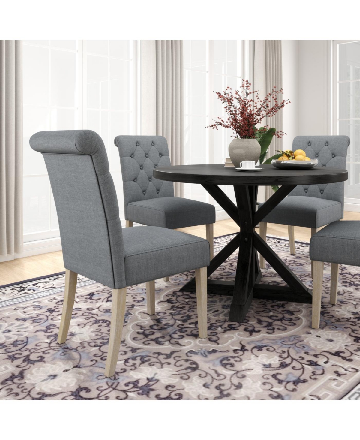 Streamdale Furniture Banff 5-piece Dining Set, Cross-Buck Round Table with 4 Tufted Chairs, Gray