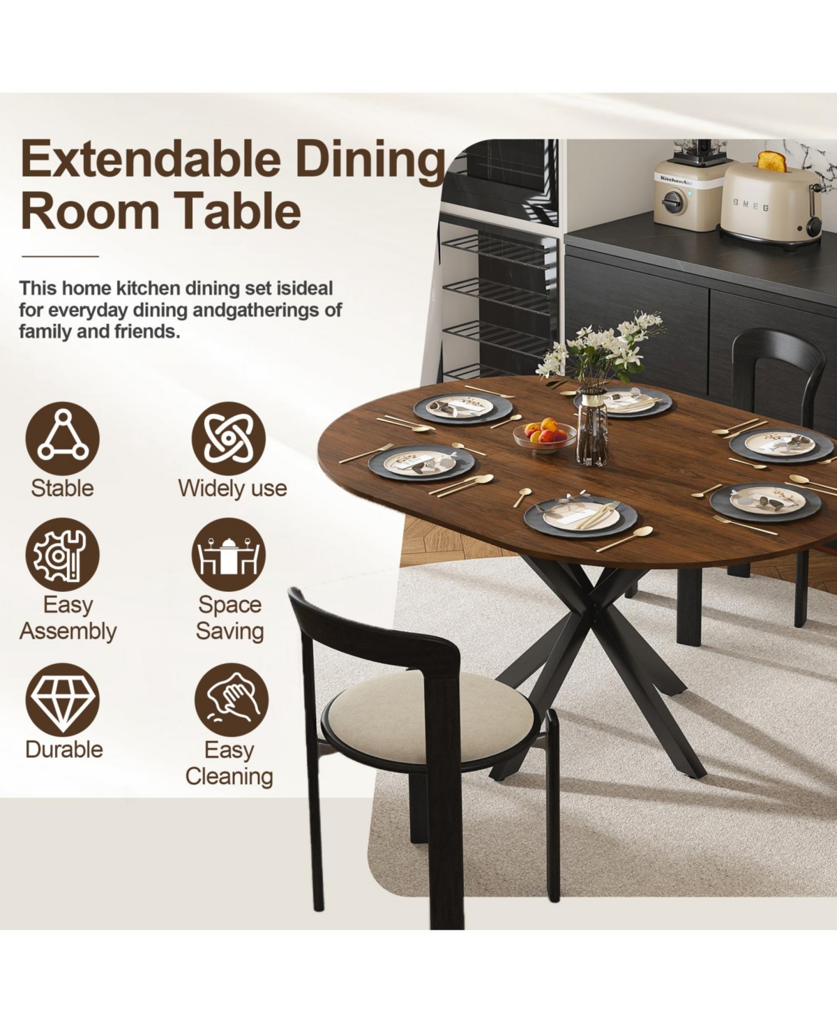 Streamdale Furniture Streamdale Extendable Round Dining Table, 6-Person, Wood Veneer, 42-58 Inches