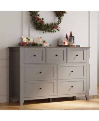 7 Drawer Dresser, Modern Wood Chest with Gold Handles and Large Storage for Bedroom or Hallway, Grey