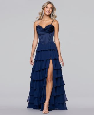 Juniors' Sweetheart Chiffon Tiered Lace-Up Back Corset Ball Gown