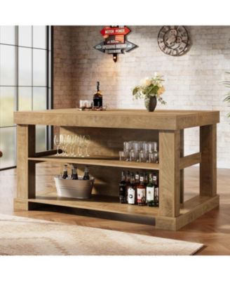 Bar Table, 55-Inch Counter Height Pub Table with Storage Shelves, High Top Kitchen Dining Table, Rectangle Wood Home Bar Unit