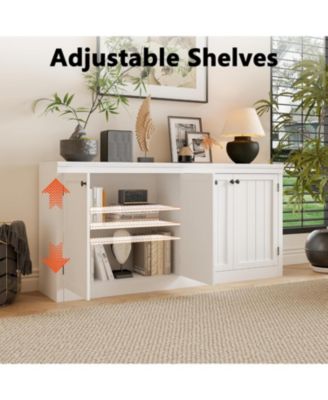 63" Buffet Sideboard Cabinet with 4 Striped Doors, Modern Coffee Bar Storage Cabinet, White