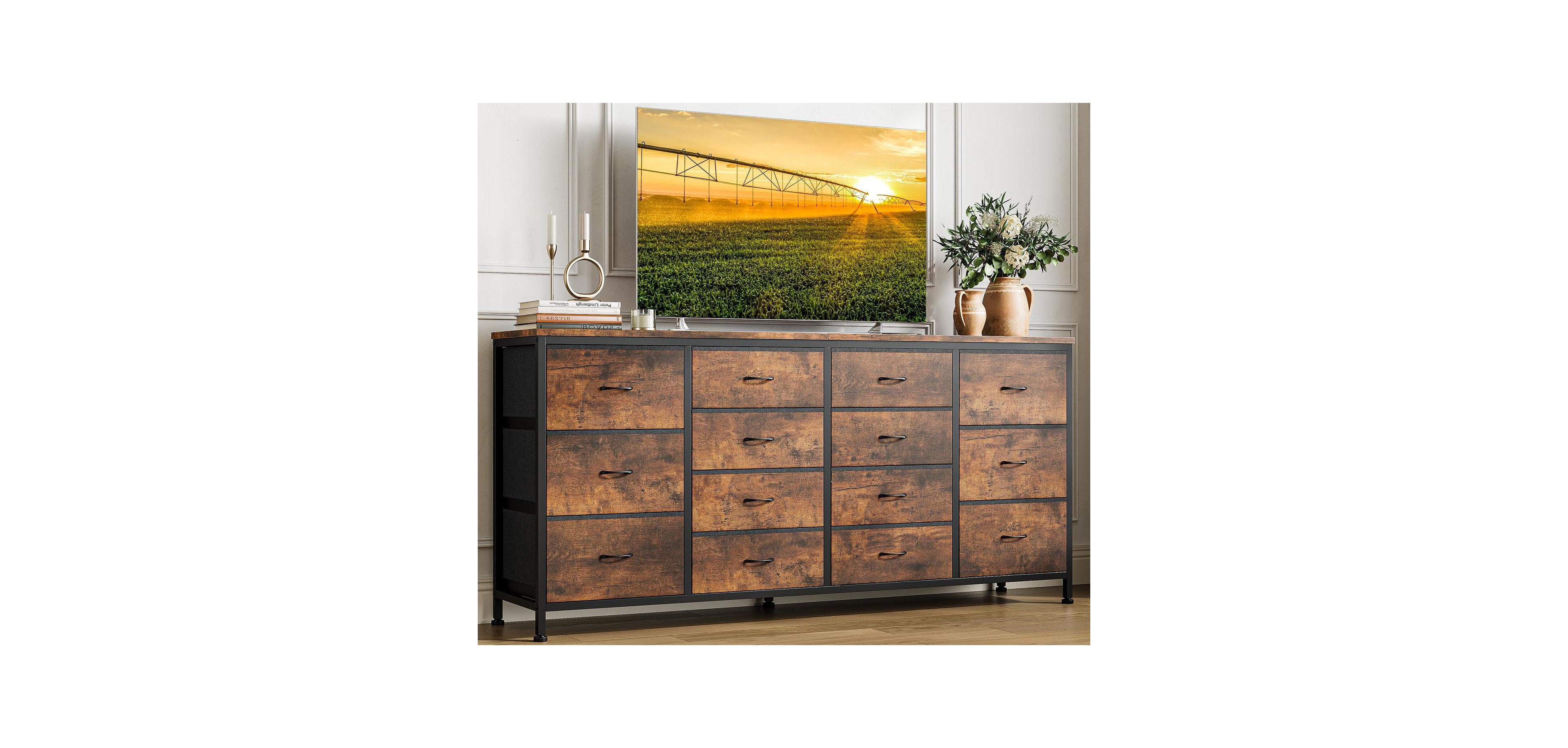 gaomon “14-Drawer Dresser & 63″ Wide Tv Stand for Bedroom Storage, Brown Finish”