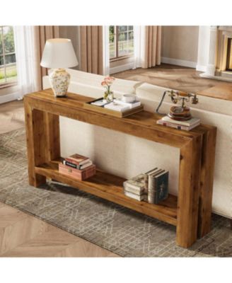 63-Inch Solid Wood Entryway Console Table, Farmhouse Narrow Couch Table Behind Sofa with 2-Tier Storage for Hallway, Living Room, Foyer