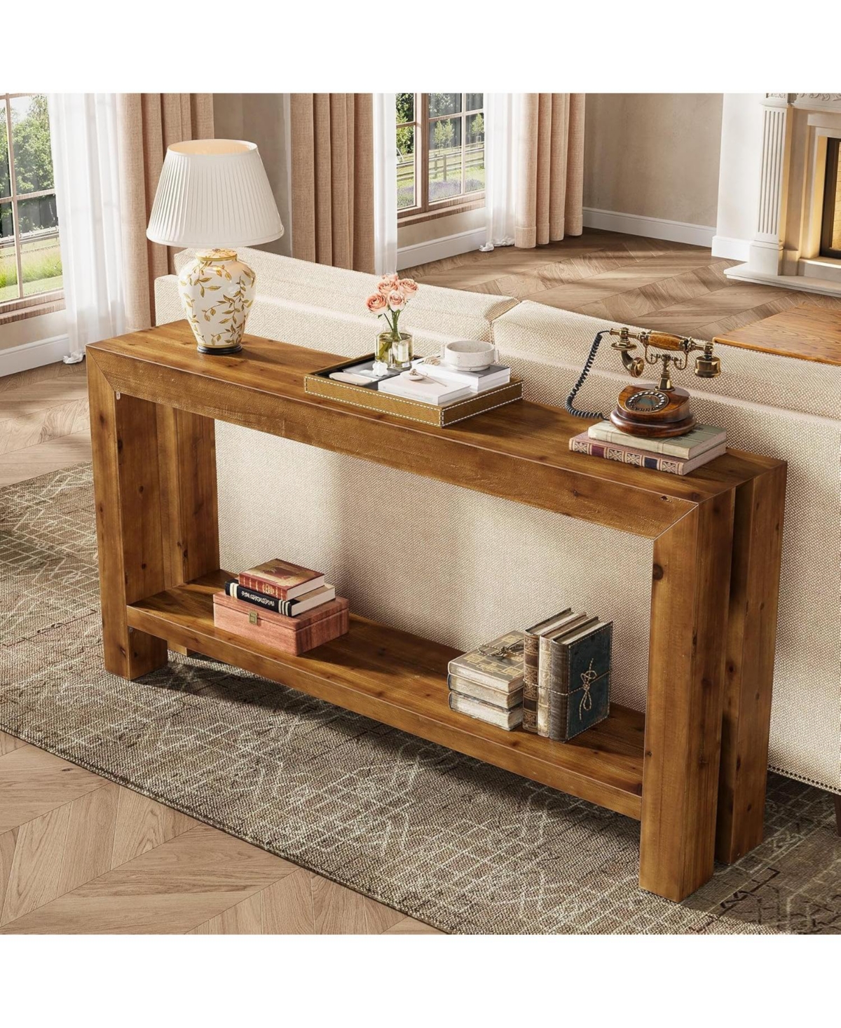 Tribesigns 63-Inch Solid Wood Entryway Console Table, Farmhouse Narrow Couch Table Behind Sofa with 2-Tier Storage for Hallway, Living Room, Foyer