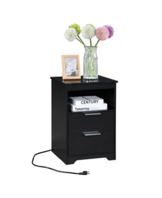Nightstand with Charging Station & 2 Drawers, Black