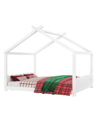 Queen House Floor Bed with Slats, Solid Wood Frame for Kids
