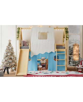 Twin Size House Loft Bed with Sills, Tents, Slide, Lights