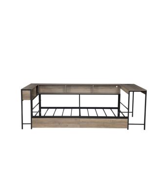 Corner Bed Frame Full Size w/ Bookcase, 2 Drawers, LED & Charging Station