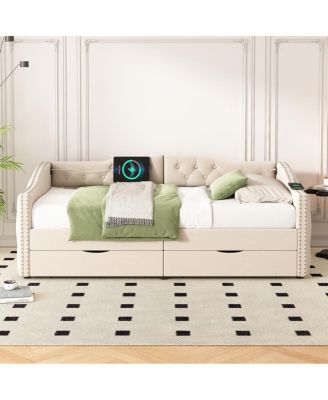 Upholstered Beige Daybed with Storage Drawers - Twin Size