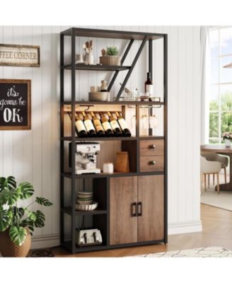 Tall Bar Cabinet with LED Lights, Storage & Power Outlets