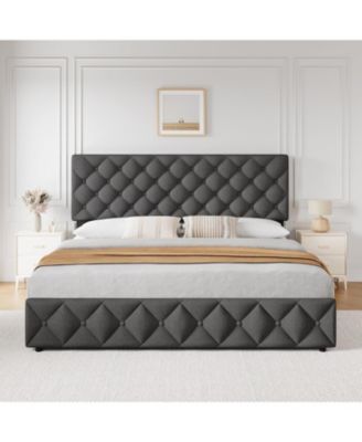 Bed Frame with 4 Storage Drawers and Headboard, Linen Upholstered Platform Bed frame - Queen