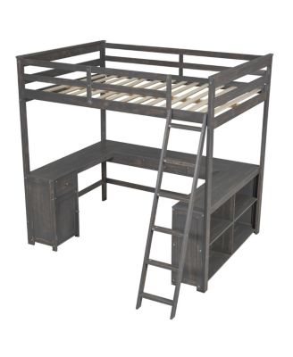 Full Size Loft Bed with U-shaped Desk, Drawers & Storage