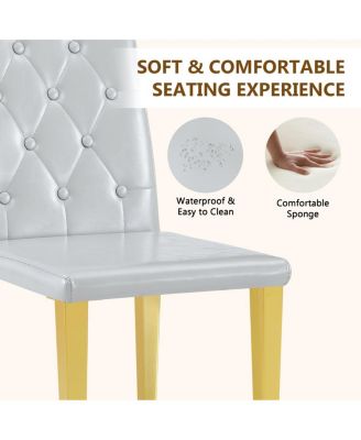 Streamdale Light Gray PU dining chairs, 2-pc set, ergonomic buckle back, gold legs.