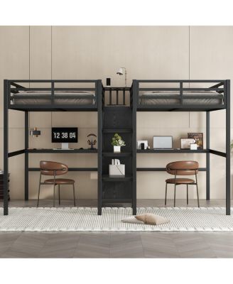 Twin Over Twin Metal Loft Bed with Double Desk, Wardrobe, Shelves & Outlet, Black