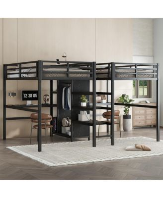 Twin Over Twin Metal Loft Bed with Double Desk, Wardrobe, Shelves & Outlet, Black