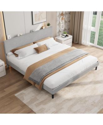 Bed Frame with USB Charging Station, Corduroy Upholstered Platform Bed Frame with Adjustable Storage Headboard, Wooden Slats Support - Queen