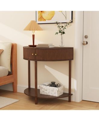 Artisan Wave-Pattern Demi-Lune Console Table, Woodgrain, 2 Drawers