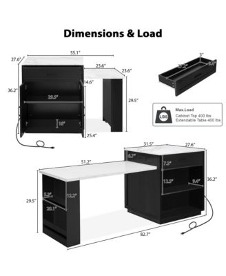 82.7 inch Kitchen Island with Extendable Dining Table, Two-tone Kitchen island with Storage 2 Drawers 2 Side Open Shelves, Power Outlet.