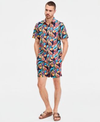 Men's Toucan Printed Button-Down Swim Shirt