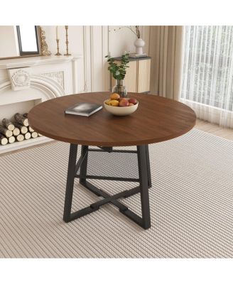  47" Extendable Round Dining Table with Storage, Walnut Finish & Metal Frame