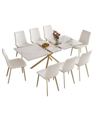59-inch Expandable Dining Table with Retractable Leaf, Charred Stone Top & Golden X-Base