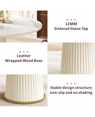 Modern 35.43" Round Dining Table, Glossy Sintered Stone Top, PU Leather Pedestal
