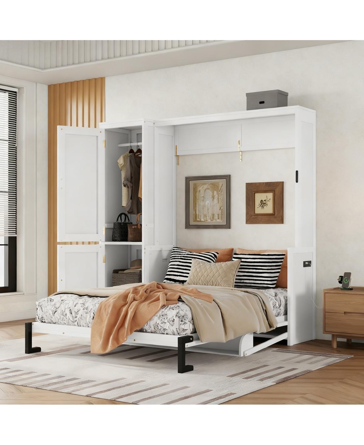 Streamdale Furniture Queen Size Wood Murphy Bed with Wardrobe & Desk